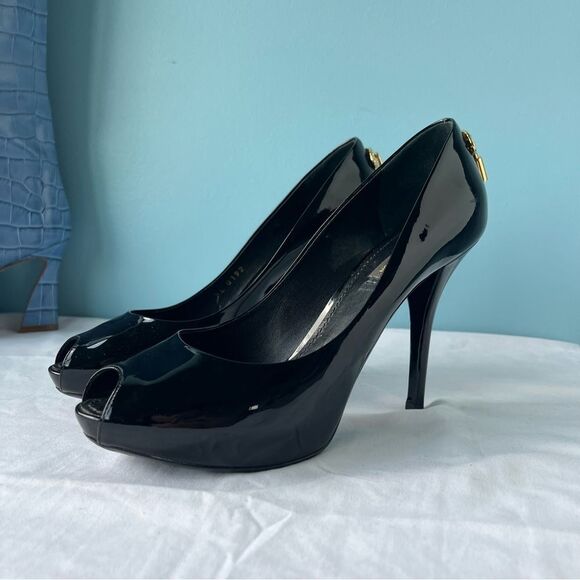 LOUIS VUITTON BLack Patent Leather Padlock Peep Toe Heels sz. 38 - Picture 5 of 15